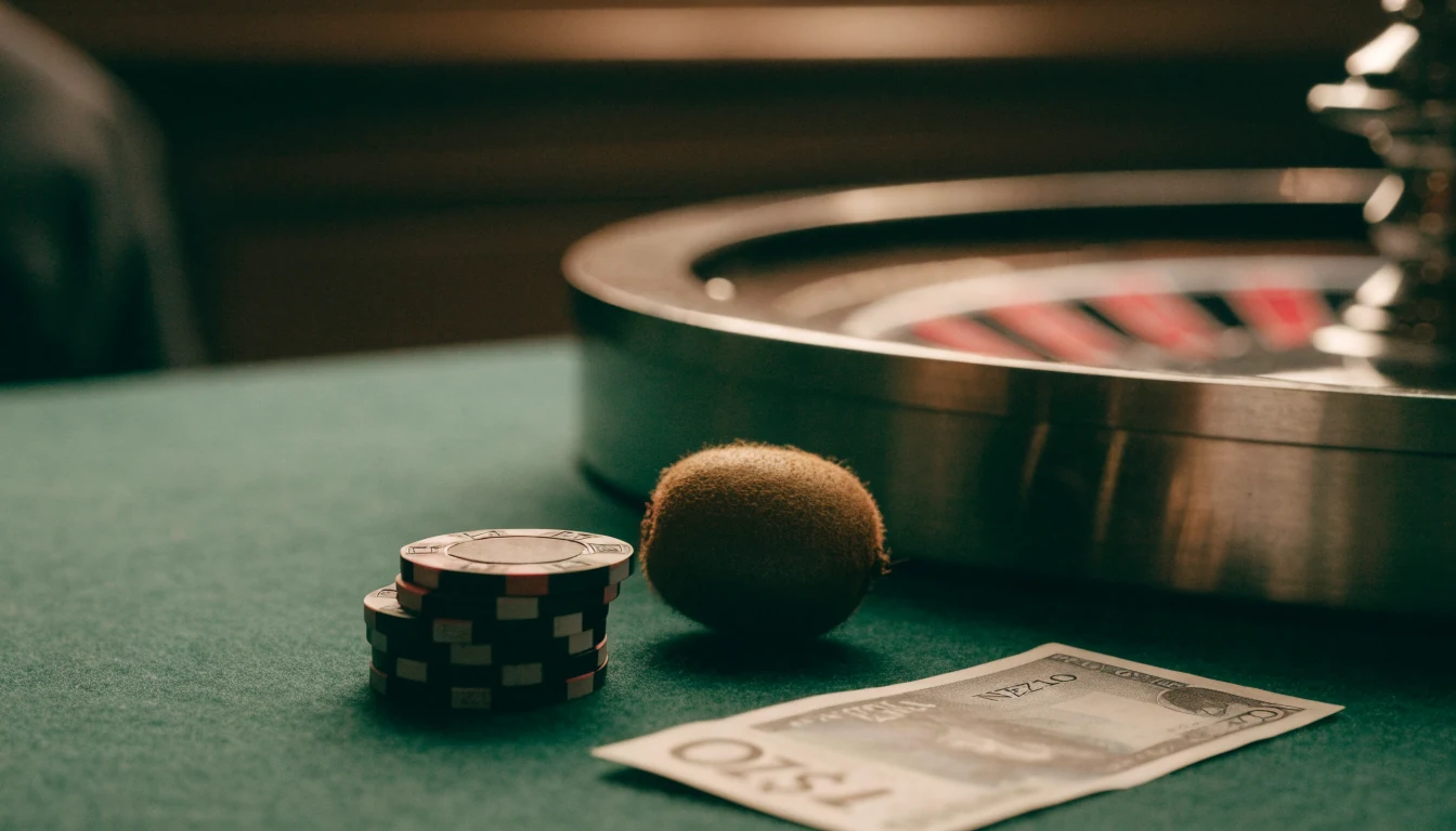 Casino chips, NZ$10 note, and roulette wheel on a green felt table