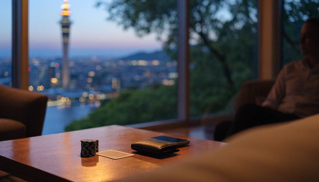 Casino chips and a wallet on a coffee table with Auckland skyline at dusk