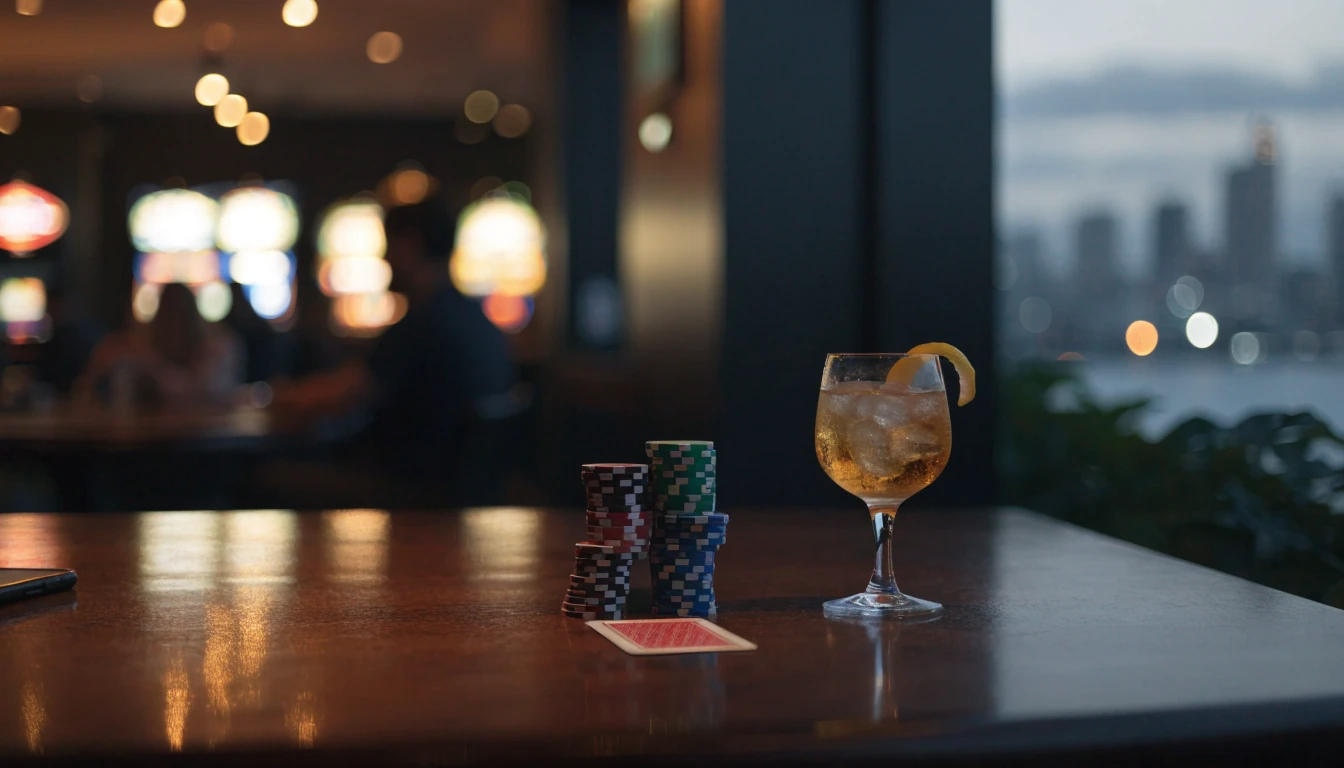 Casino table with chips and card in New Zealand lounge