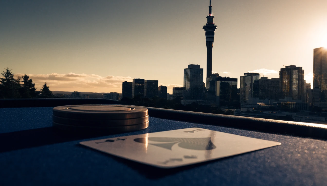 Auckland skyline at sunset with a casino chip and playing card on felt