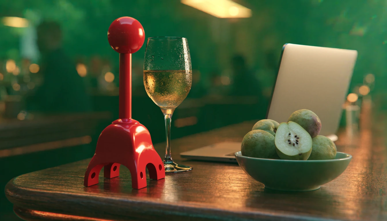 Stylized New Zealand casino scene with slot lever, feijoas, and wine glass on counter