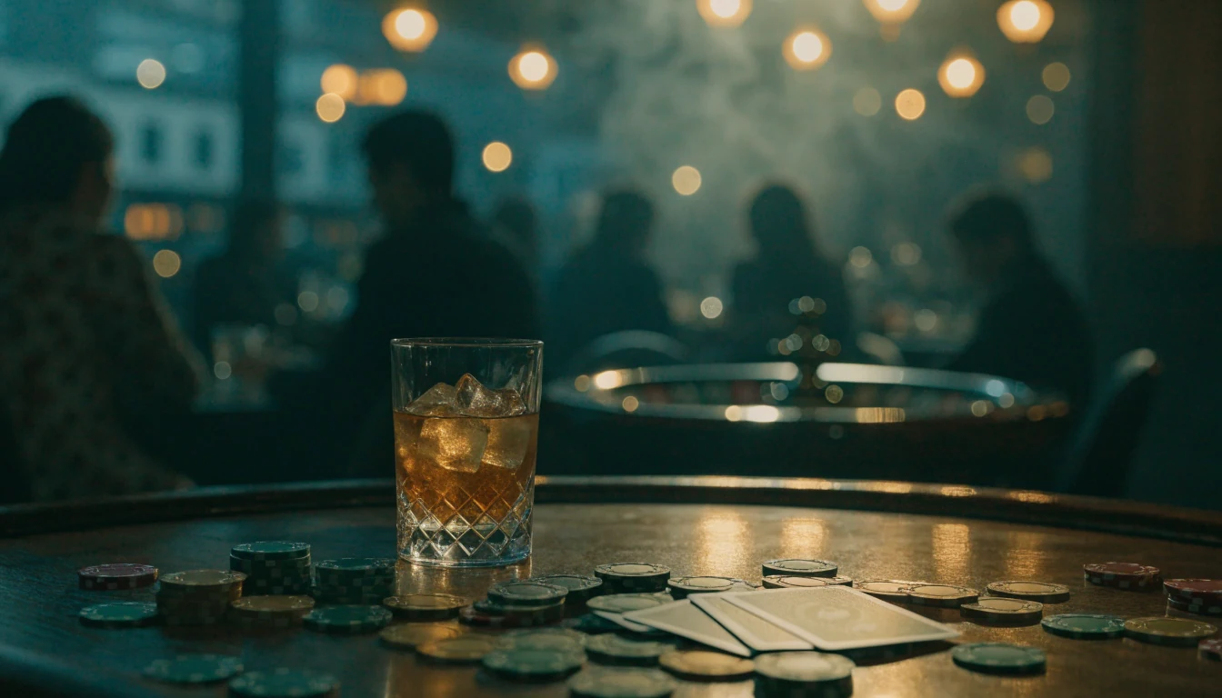 New Zealand casino table with poker chips, cards and warm ambient lighting at night