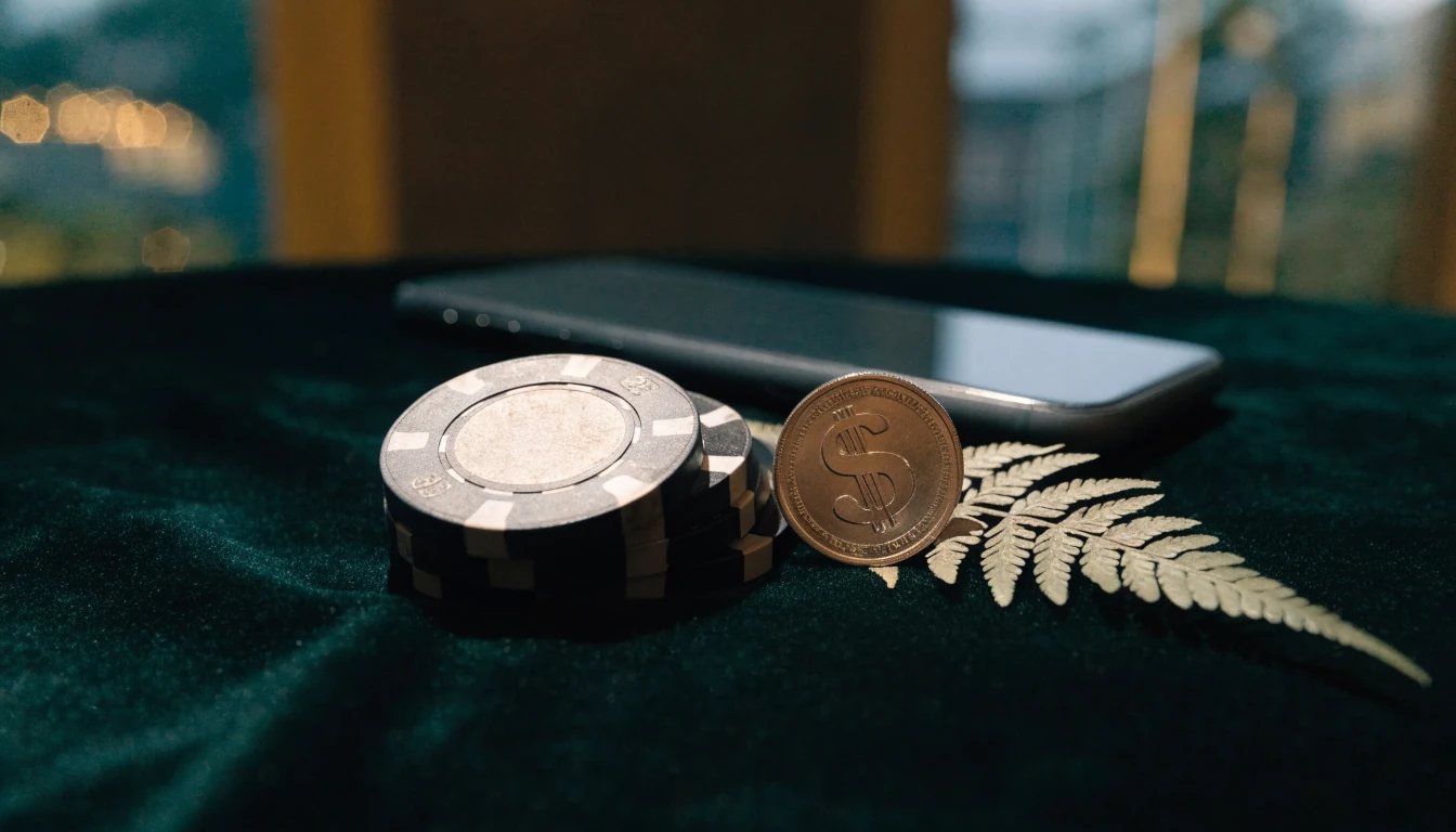 Casino chips, a three-dollar coin, and a New Zealand silver fern on dark velvet