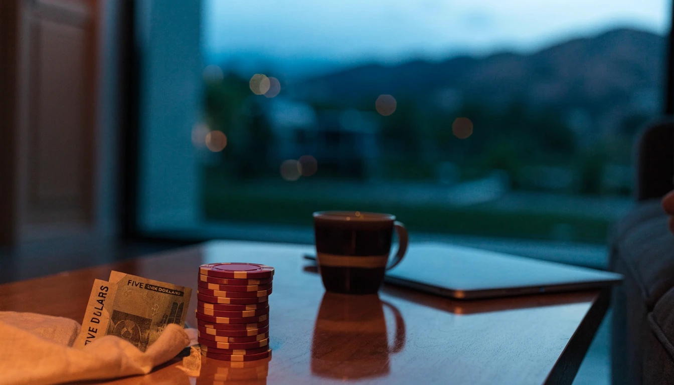 Casino chips and a NZ$5 note on a coffee table in a New Zealand home at dusk.
