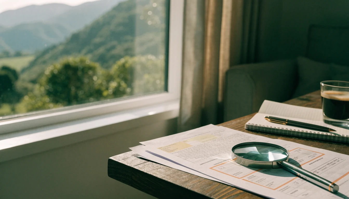 Magnifying glass on assessment papers on a wooden desk in a New Zealand home office
