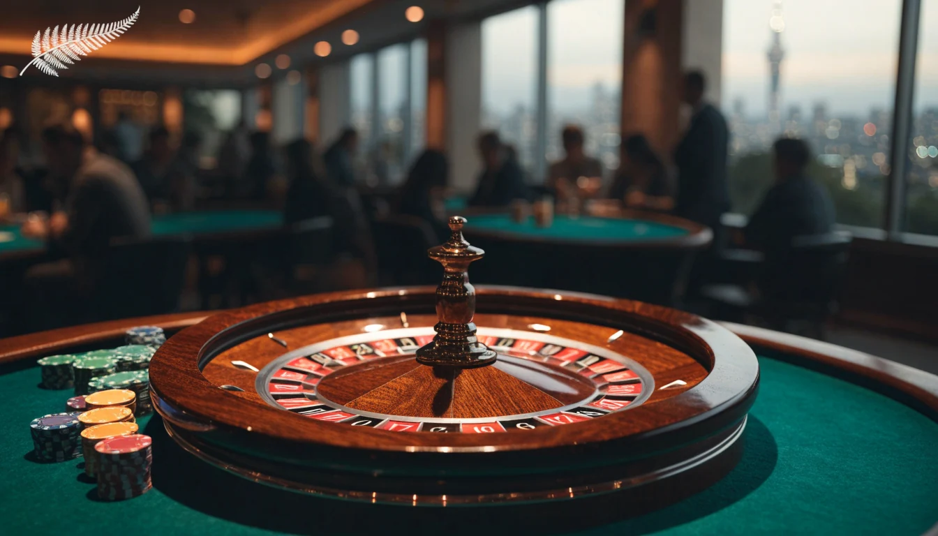 American roulette wheel with chips on a casino table in New Zealand