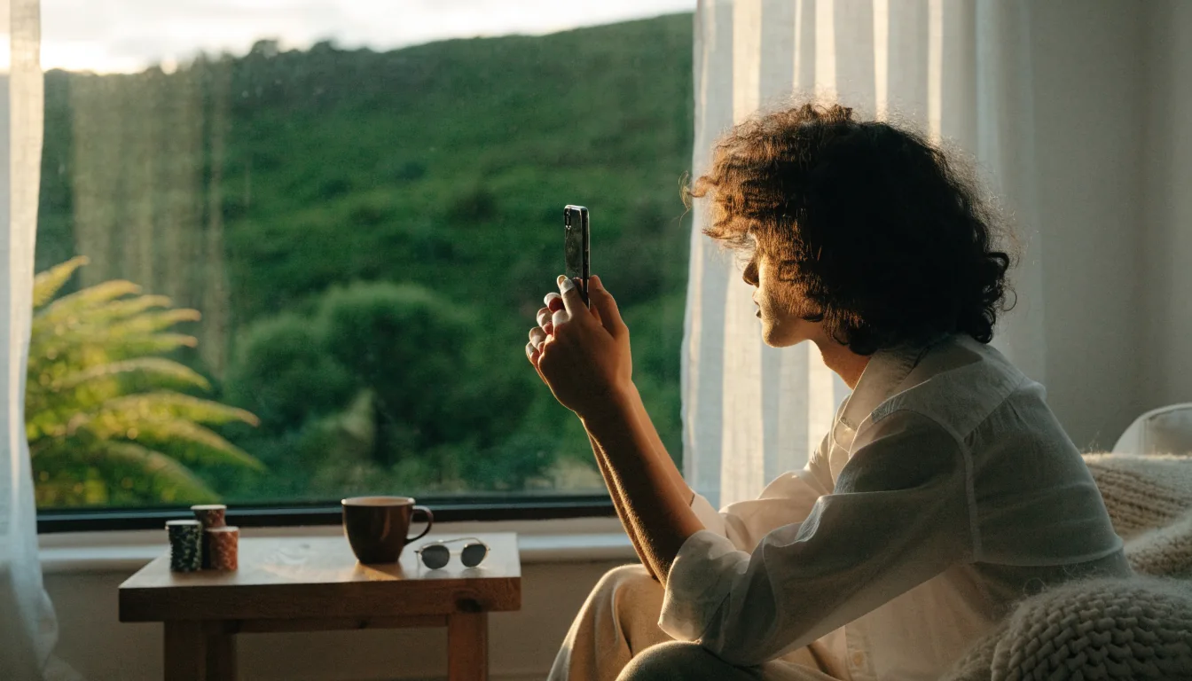 Person in a New Zealand home holding a smartphone near a window, with casino chips on the table.