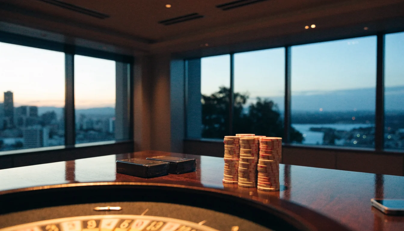 Roulette wheel, casino chips, and cards on a table in a New Zealand lounge at dusk