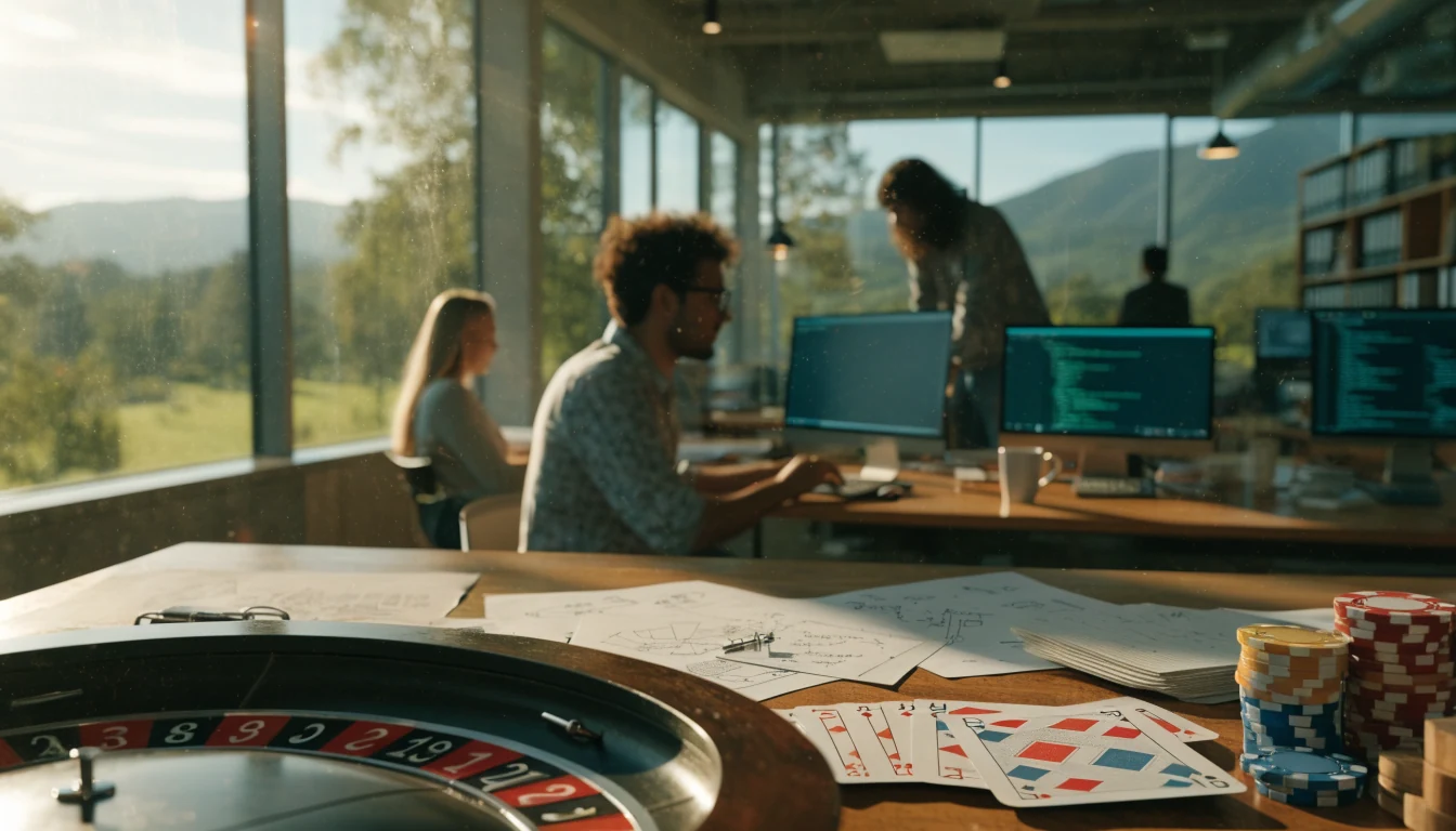 New Zealand game studio team developing casino games with roulette and chips on desk