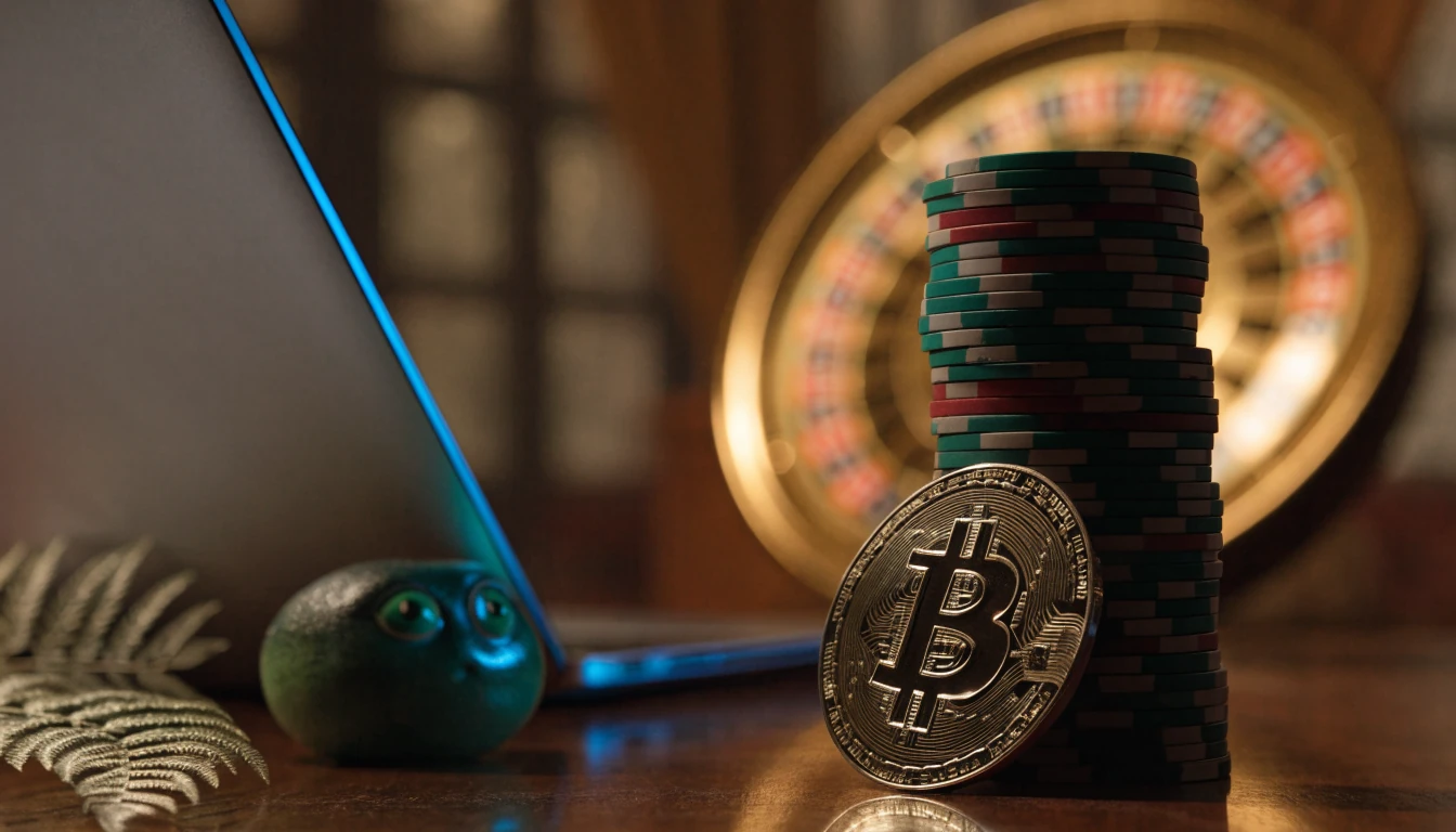 Bitcoin token with casino chips and roulette on a dark table, New Zealand fern accents.