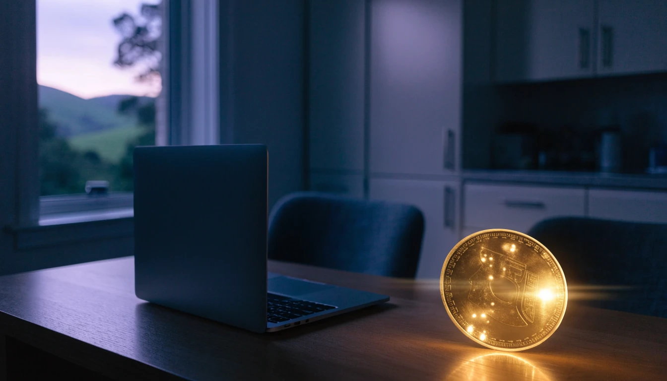 Golden Dogecoin coin next to a laptop on a desk with New Zealand landscape view