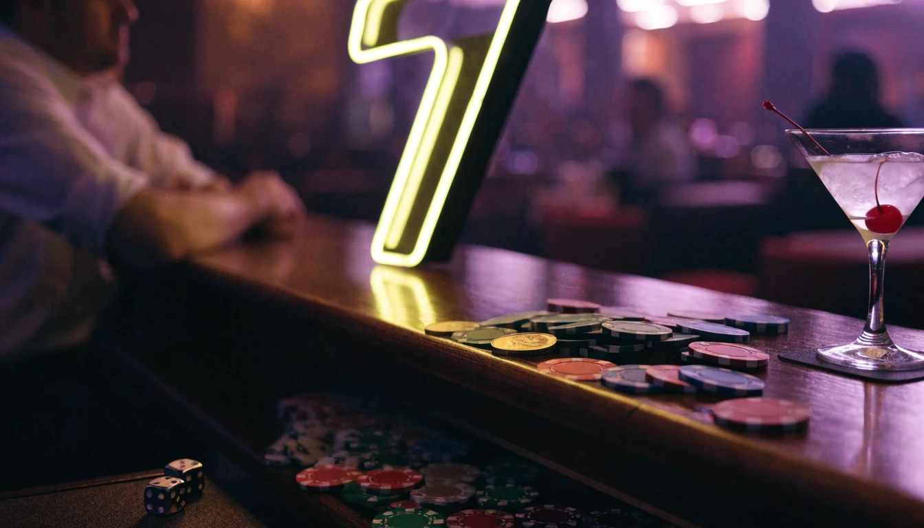 Casino chips, dice, and a glowing neon sign on a bar counter in New Zealand