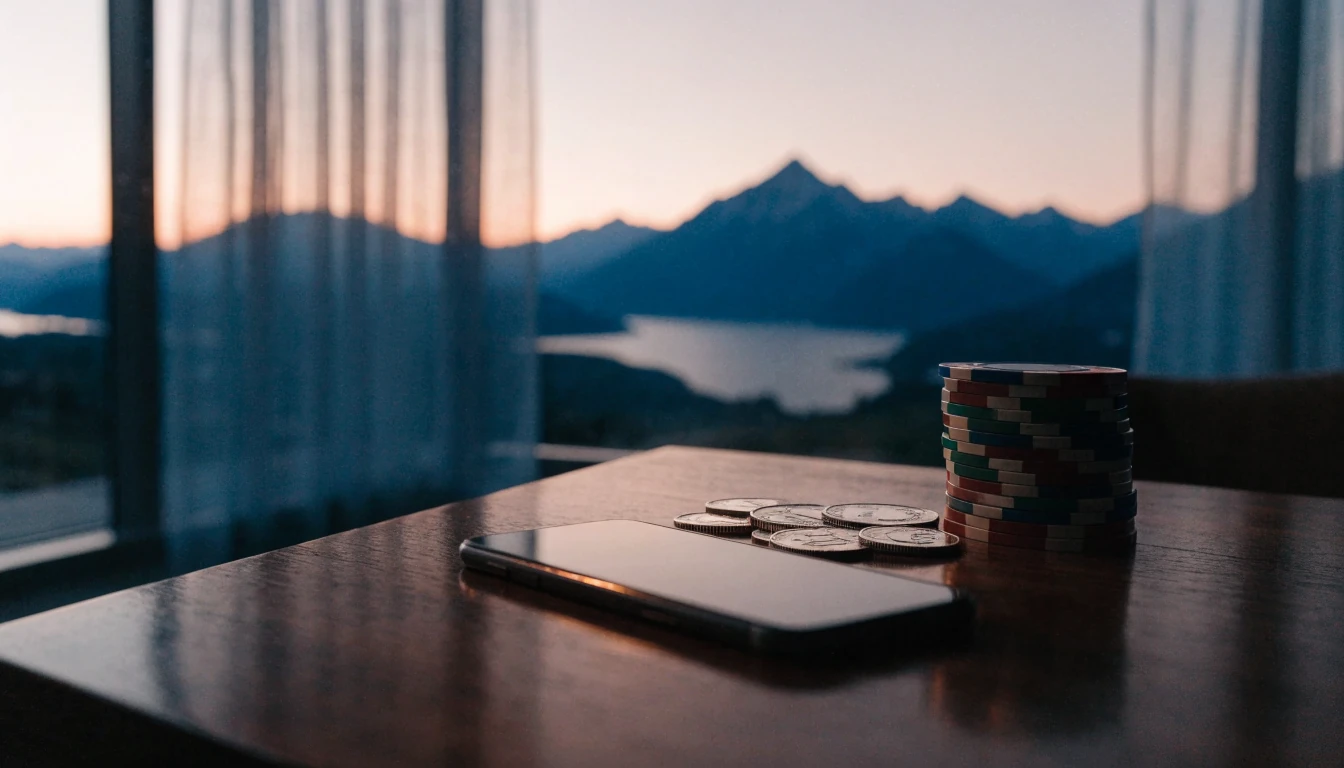 Casino chips and silver Litecoin coins on a dark table with New Zealand mountains through a window at dusk.