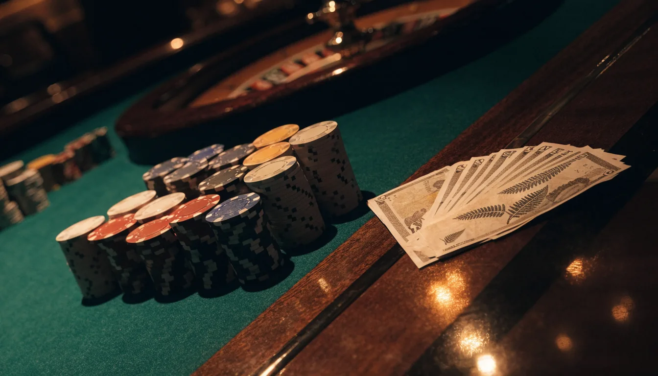 Casino table with chips, roulette and New Zealand dollar banknotes