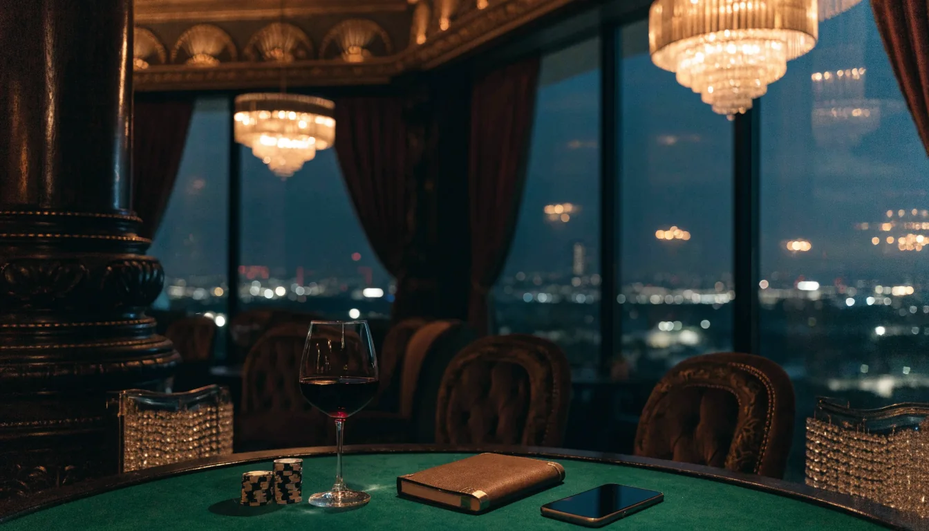 Elegant casino lounge with chips, wine, and city skyline at night