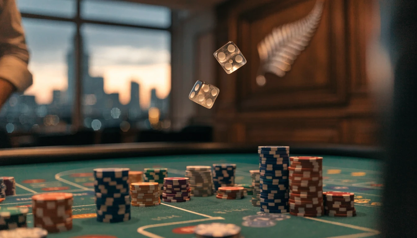 Dice rolling over a green craps casino table with chips, New Zealand setting