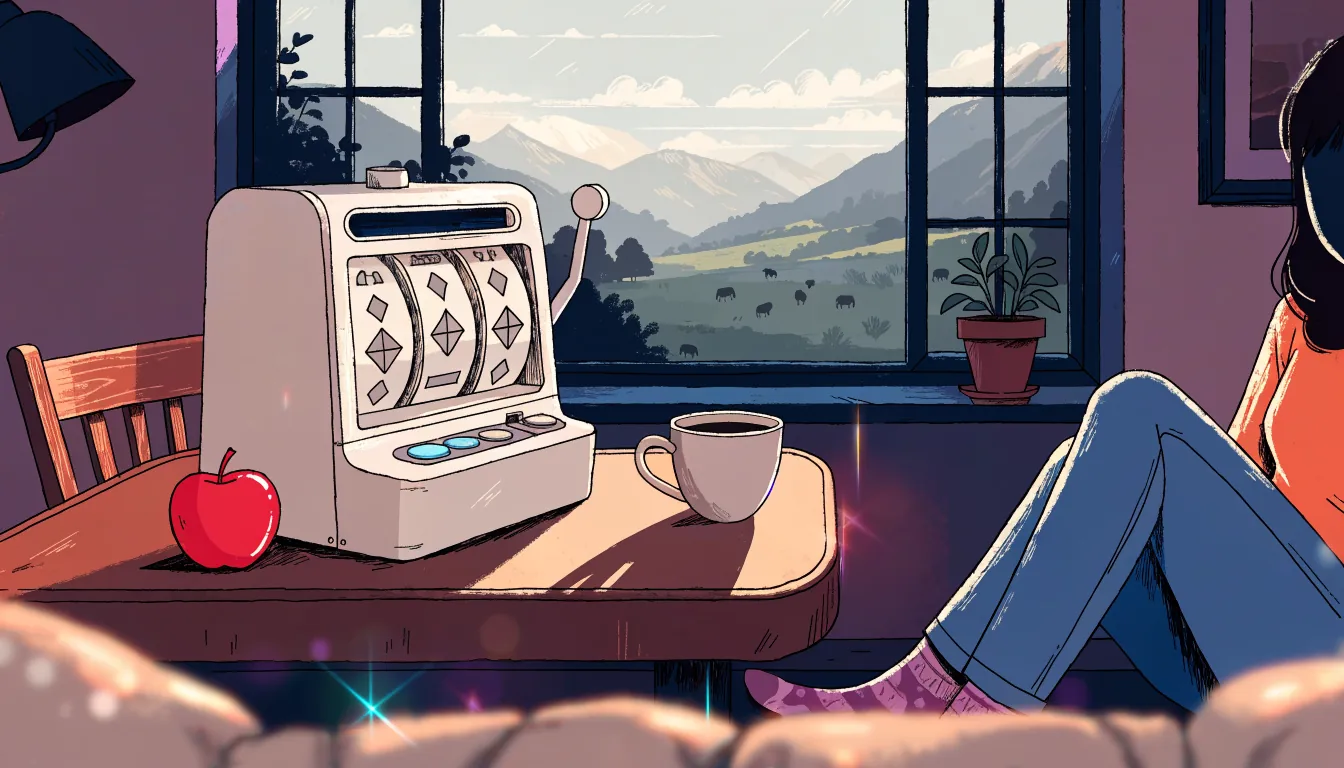 Stylized slot machine illustration with New Zealand mountain view through window