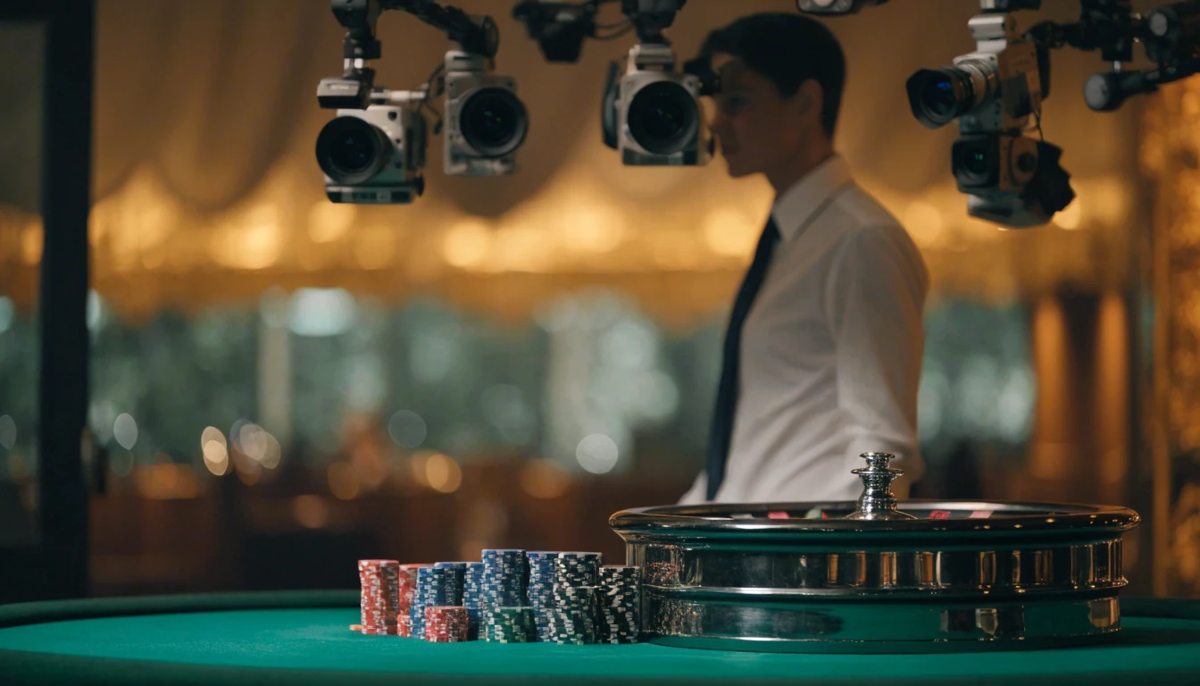 Professional dealer in a luxury live casino studio with chips and roulette wheel