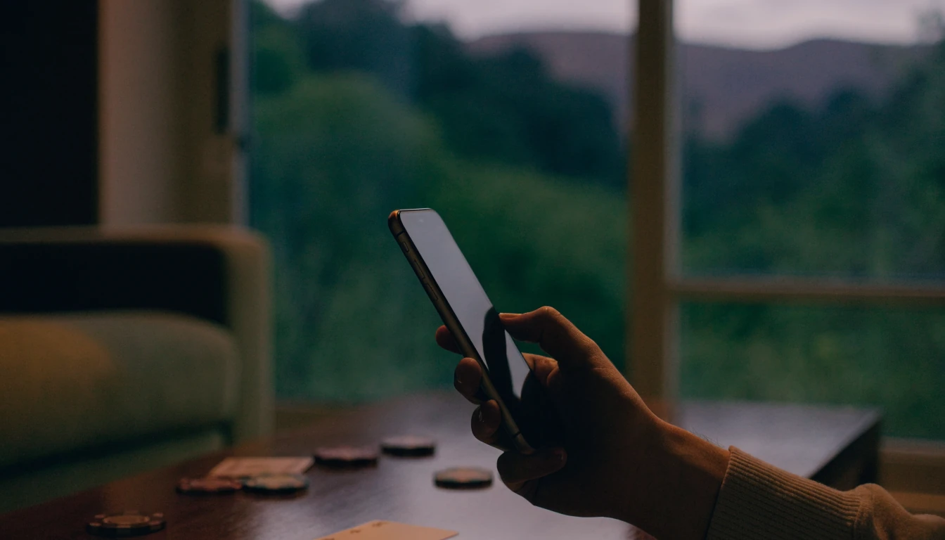 Hand holding a smartphone near casino chips with a New Zealand landscape visible through a window at dusk