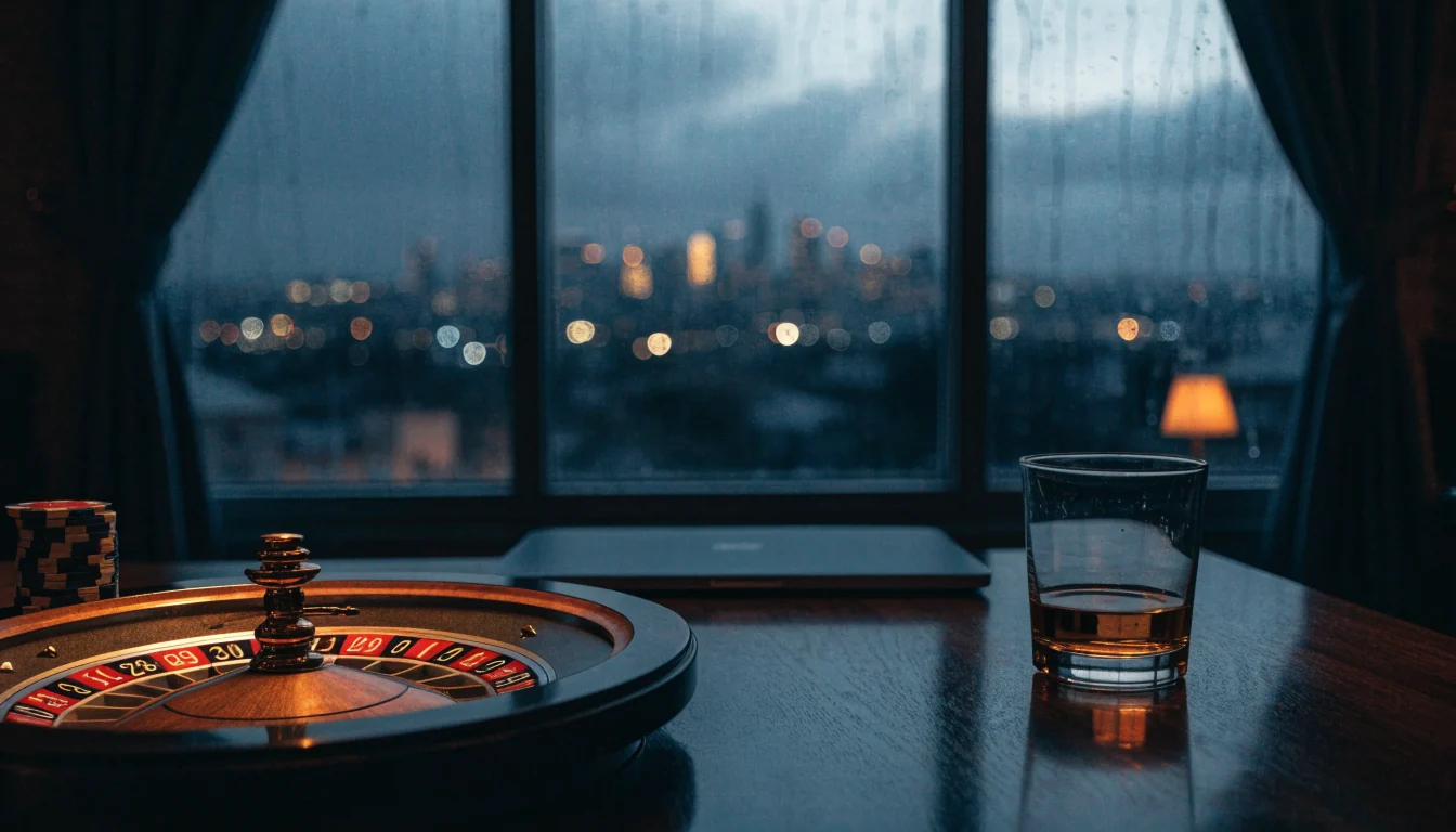 Casino chips, roulette wheel and closed laptop on a table with Auckland skyline view