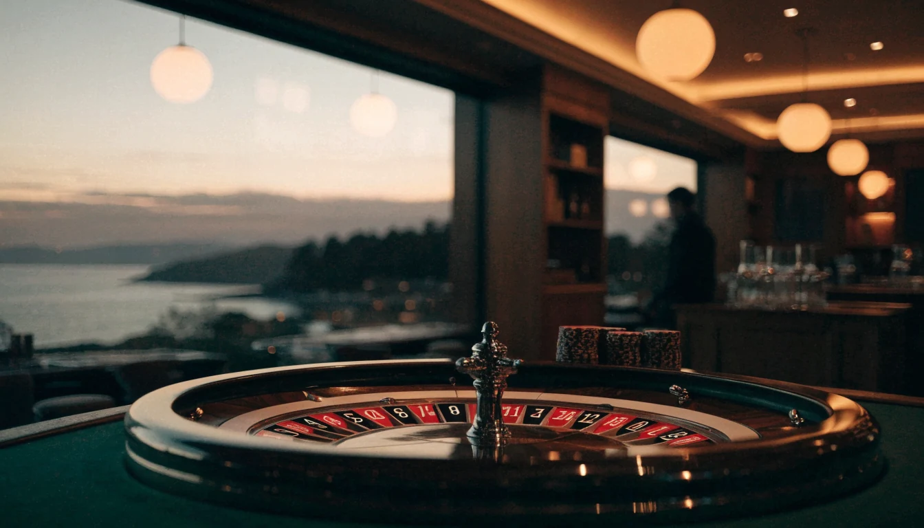 Elegant casino lounge with roulette wheel overlooking New Zealand coastline at twilight