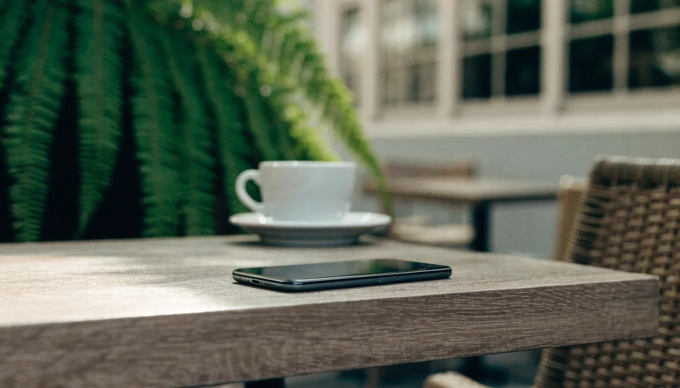 Android smartphone face-down on a café table in a New Zealand setting