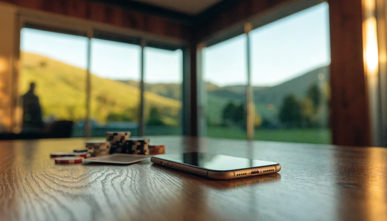 iPhone on a wooden table with casino chips, New Zealand home interior