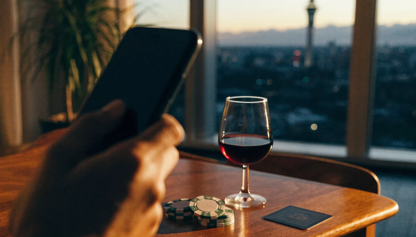 Hand holding smartphone near casino chips in modern New Zealand apartment