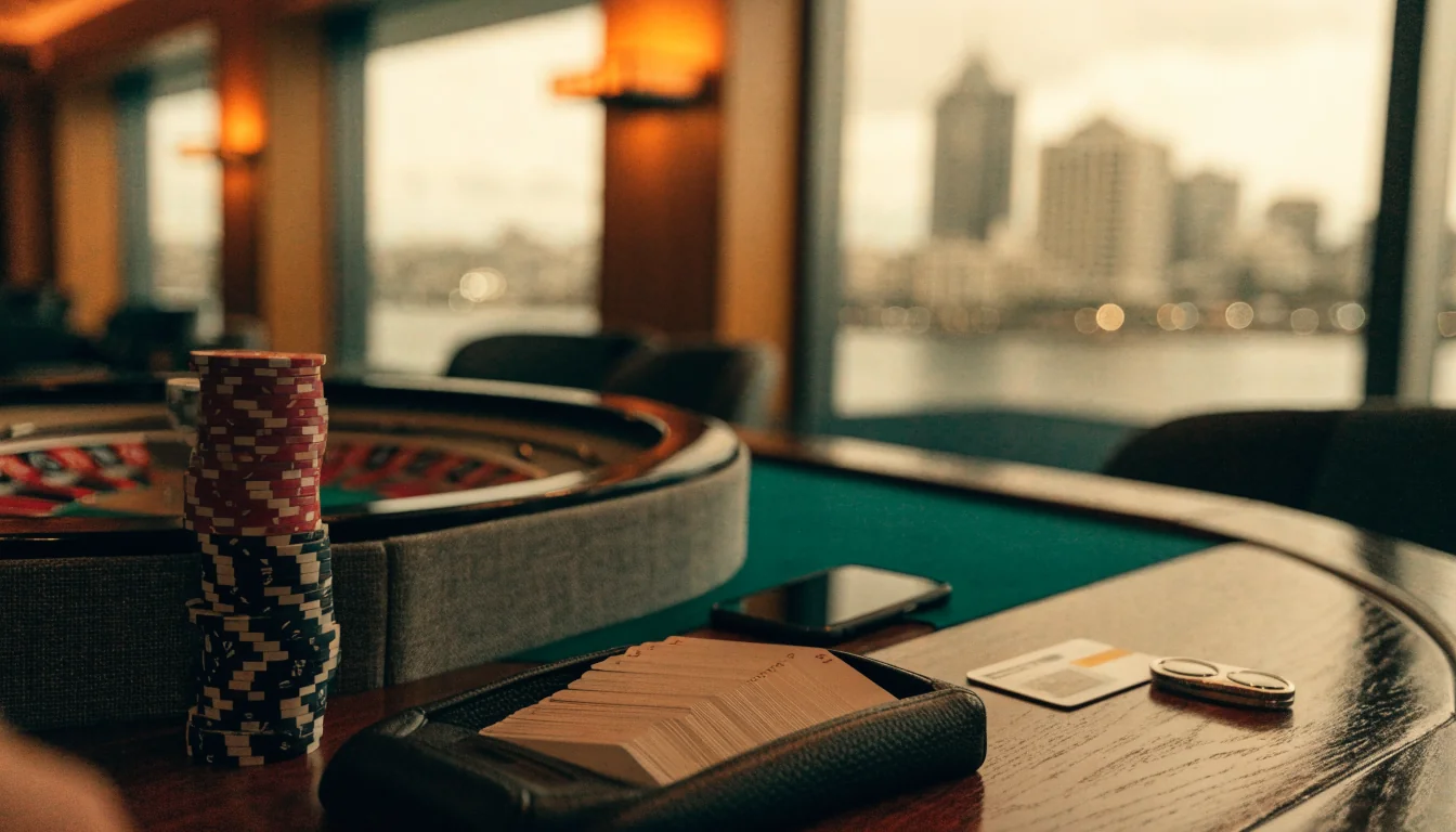 Casino table with chips, roulette wheel, and smartphone suggesting secure online gambling payment