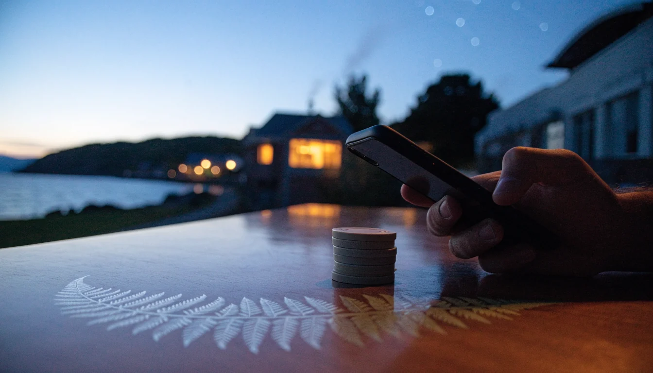 Hand holding smartphone near casino chips under New Zealand twilight sky