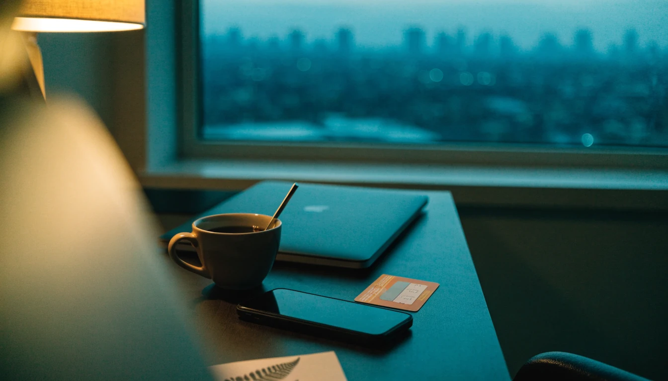 Desk scene with prepaid voucher, closed laptop, and New Zealand skyline at dusk.