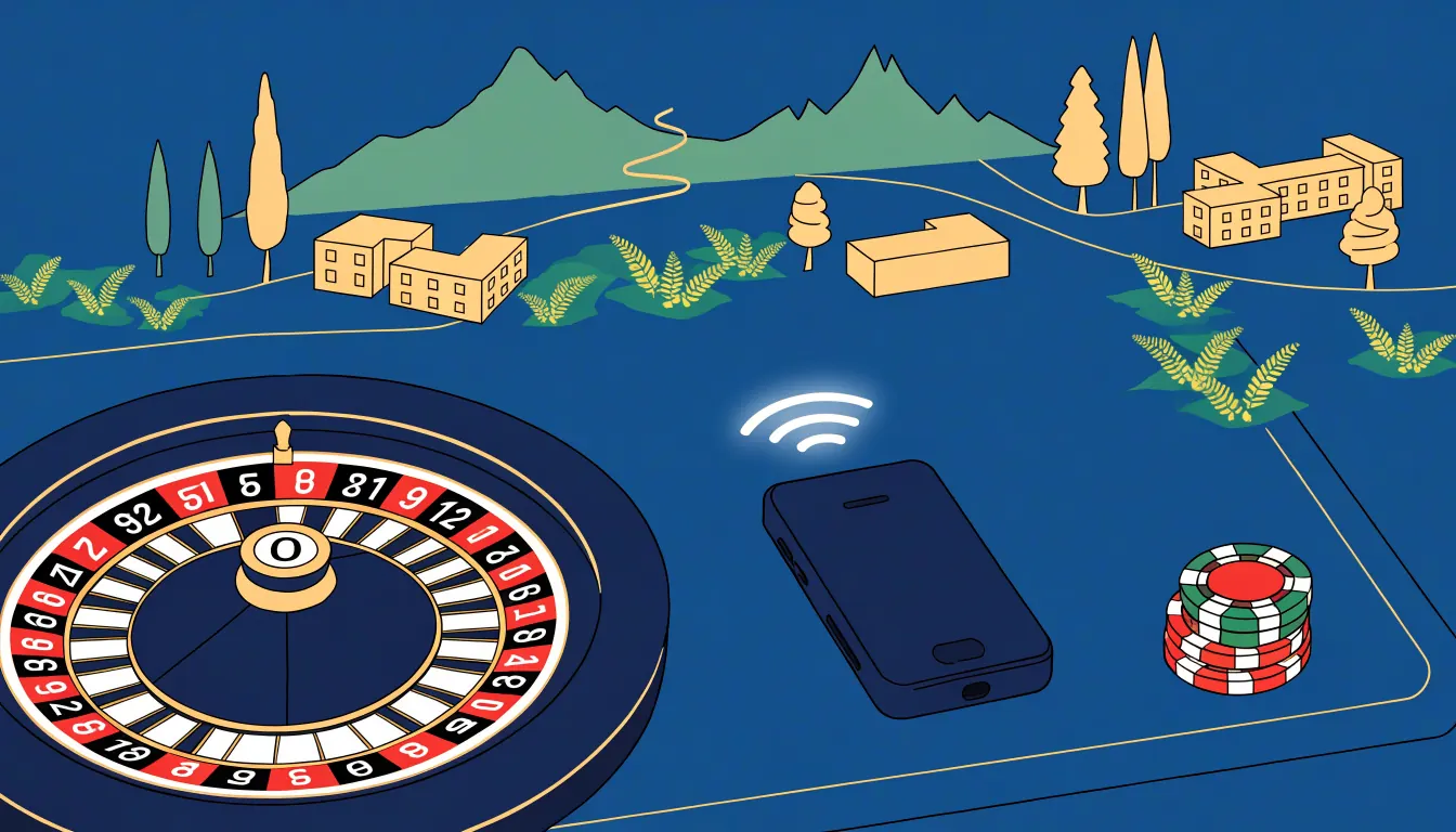 Smartphone on a casino table with chips, roulette wheel, and New Zealand skyline background