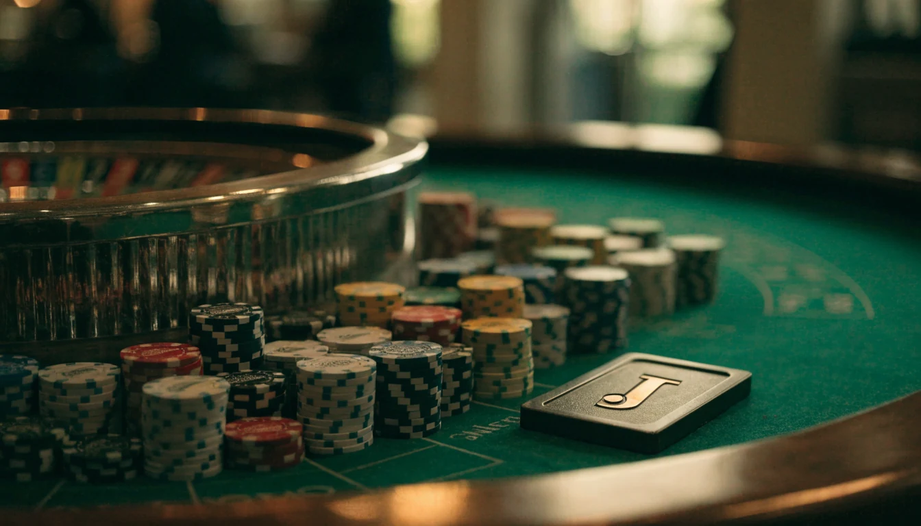 Casino table with chips, roulette wheel, and Jeton payment token