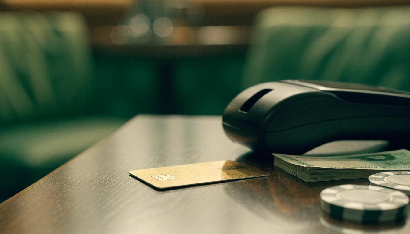 Credit card, payment terminal, NZ dollar notes and casino chips on a table