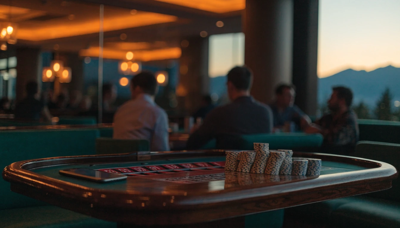 Casino lounge with roulette table and smartphone near a New Zealand mountain view