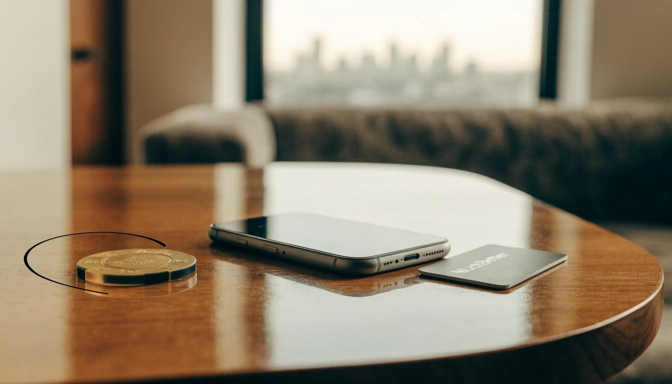 Smartphone with MuchBetter card and casino chip on a table in New Zealand apartment