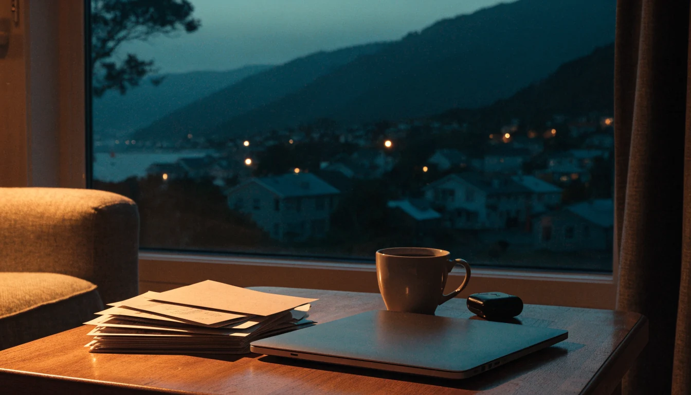 Neosurf vouchers on a table with a closed laptop in a New Zealand home at dusk
