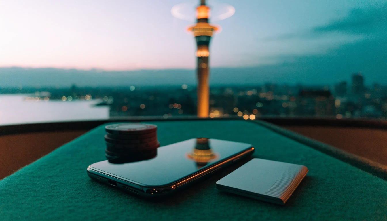 Smartphone with digital wallet next to casino chips against New Zealand city skyline at twilight