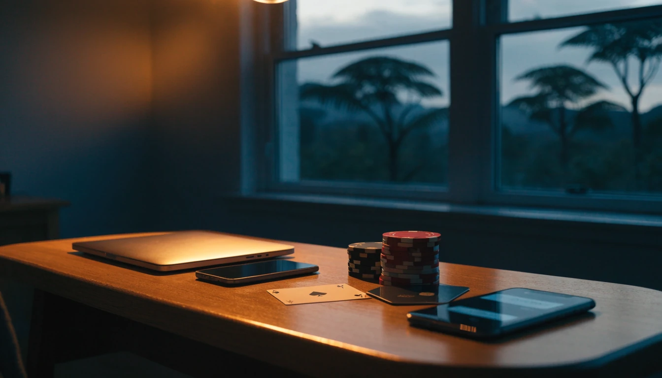 Desk scene with laptop, chips, card, and payment phone in a New Zealand home