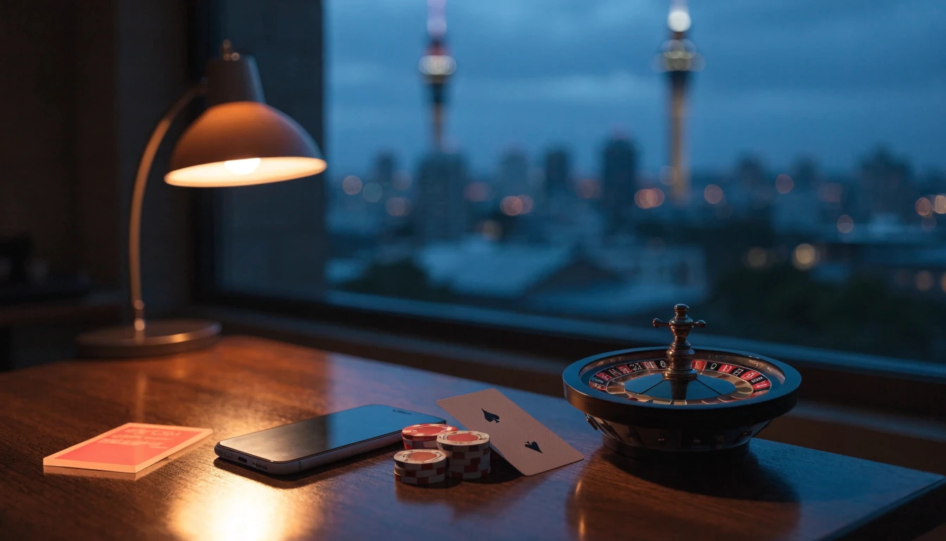 Paysafecard voucher, chips, and phone on a table with Auckland skyline at dusk.
