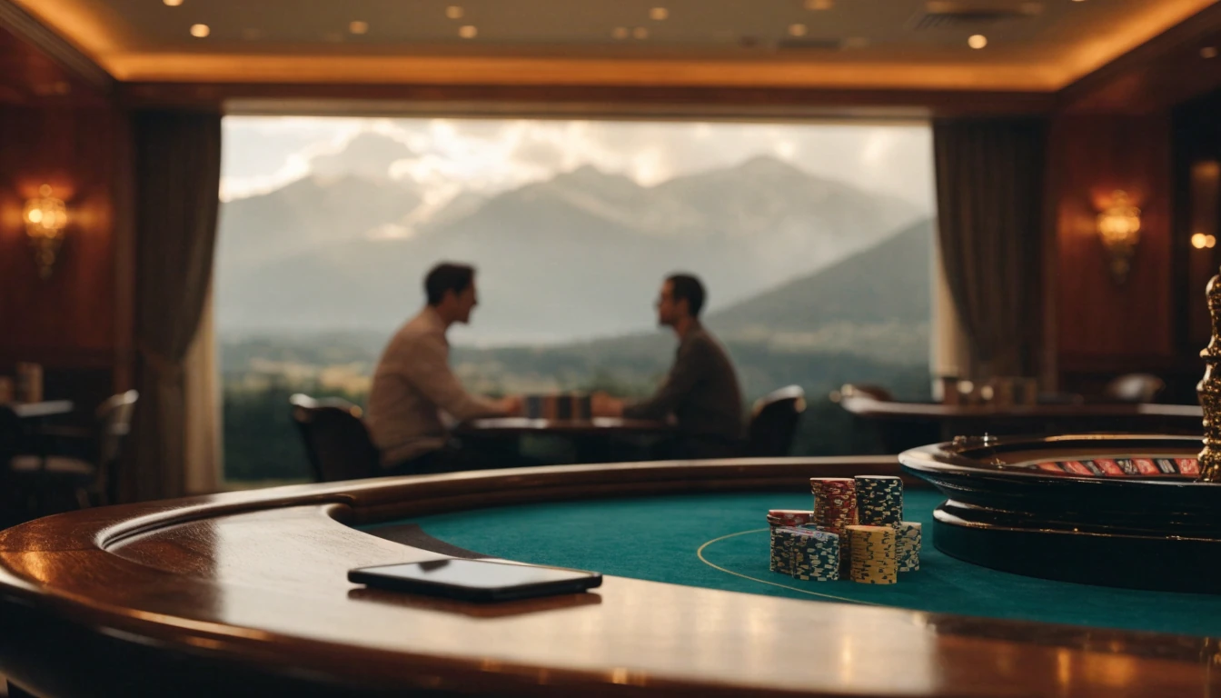 Stylish casino lounge with roulette wheel, chips, and New Zealand alpine view.