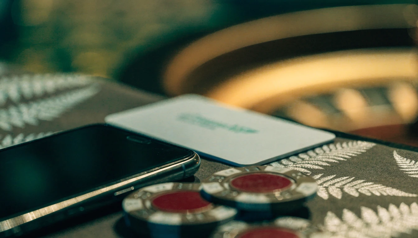 New Zealand casino table scene featuring a generic prepaid card, chips, and a smartphone.