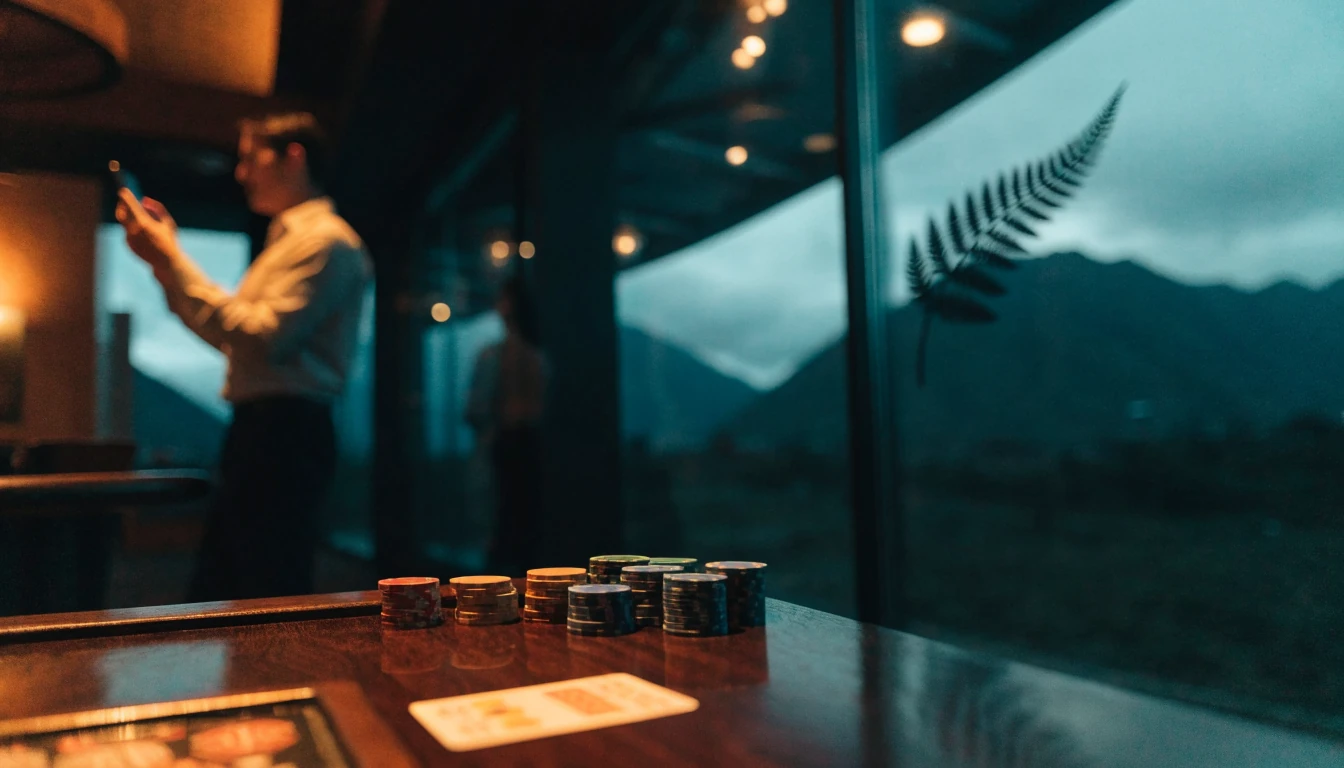Elegant casino lounge with chips and card, New Zealand landscape hint, person holding smartphone