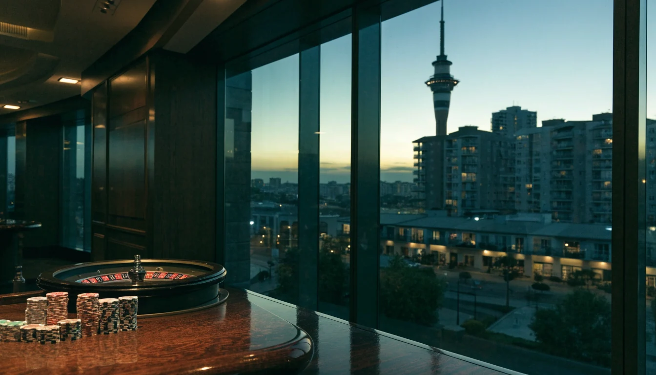 Modern New Zealand casino interior with chips and roulette wheel at twilight