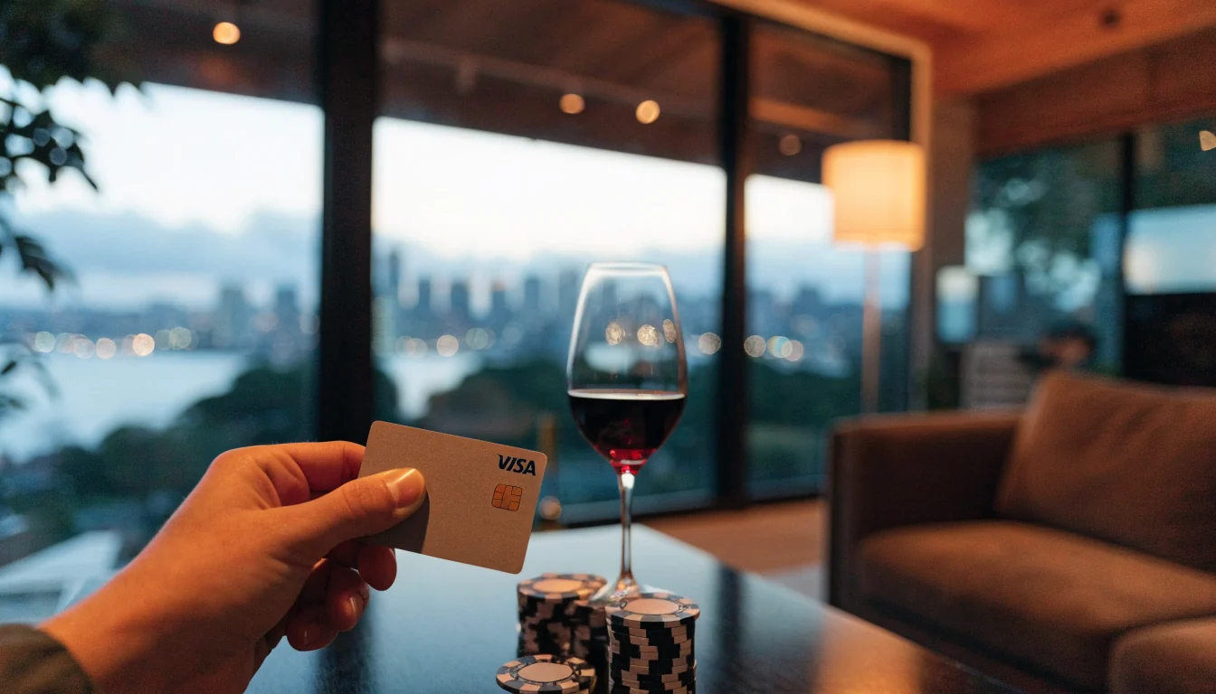 Hand holding a credit card near casino chips in a New Zealand apartment at dusk.