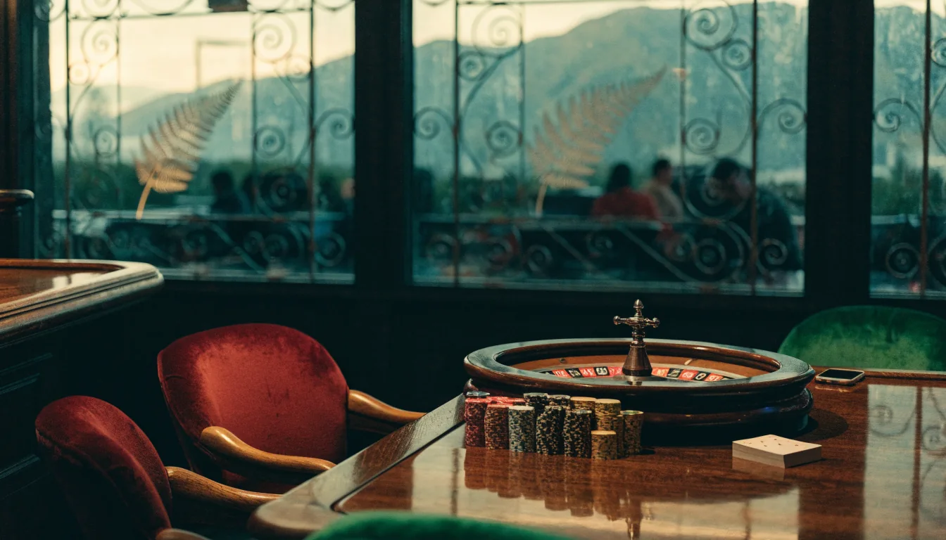 New Zealand casino lounge with roulette table, chips and mountain view