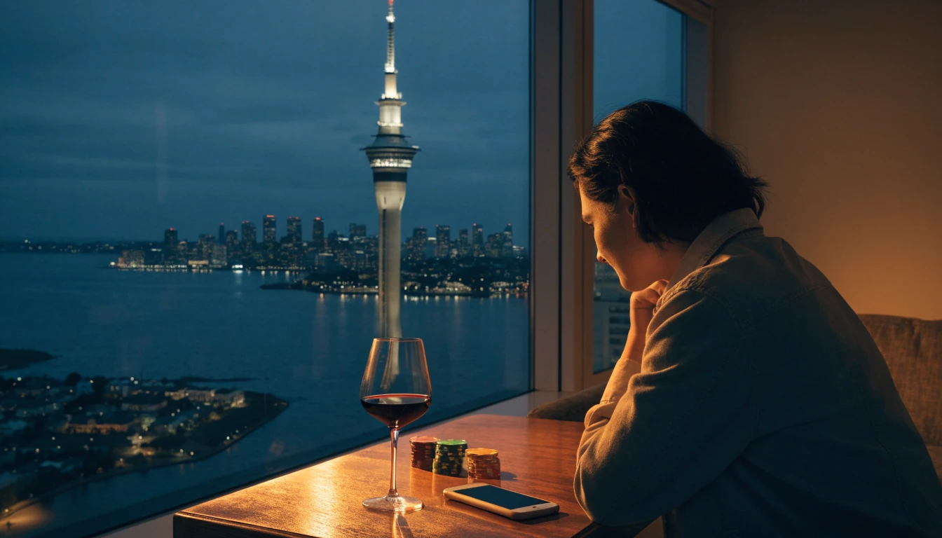 Person at a lounge table with casino chips overlooking Auckland's Sky Tower at night