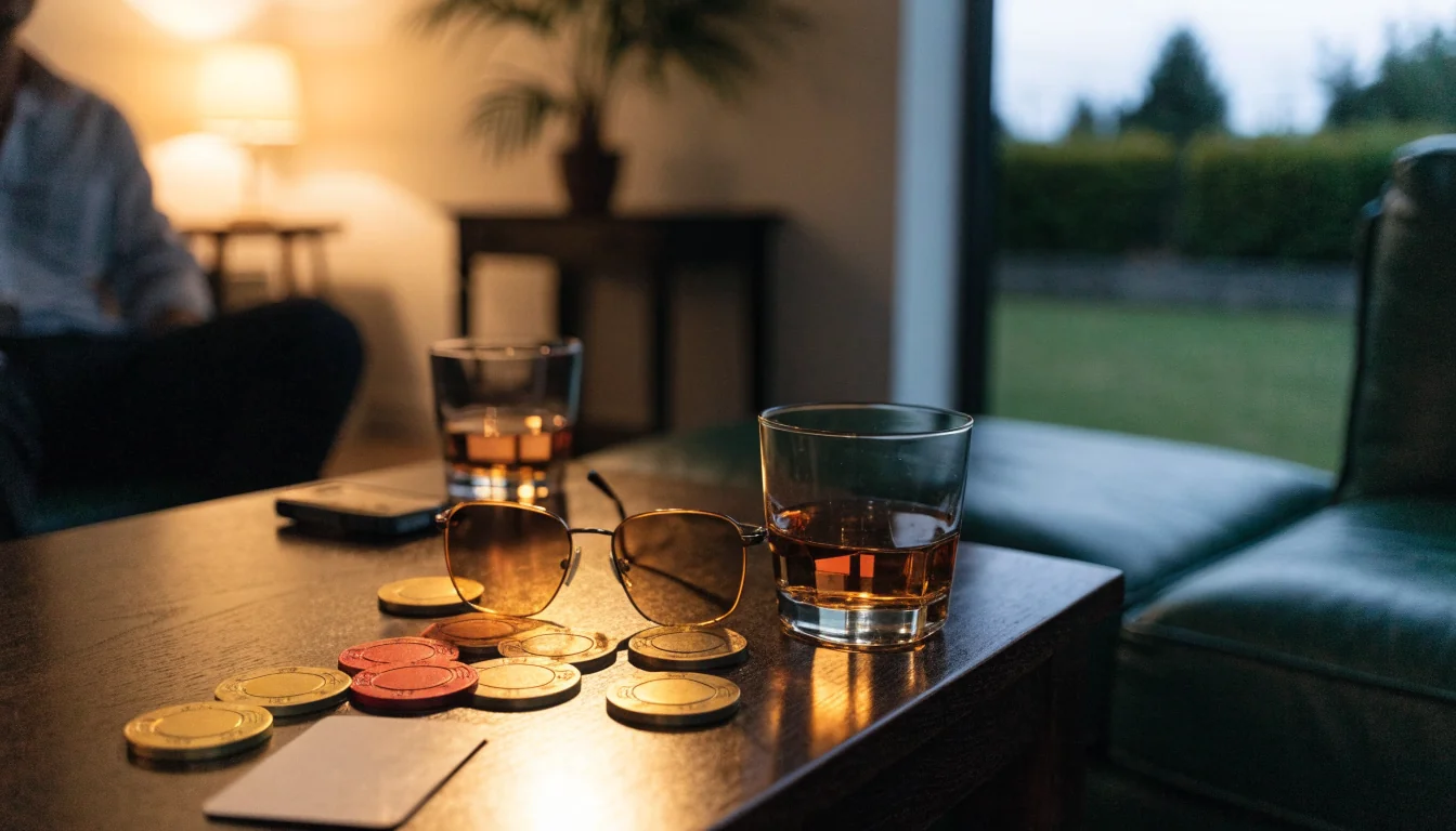 Casino chips, a face-down card and a glass on a coffee table in a New Zealand home