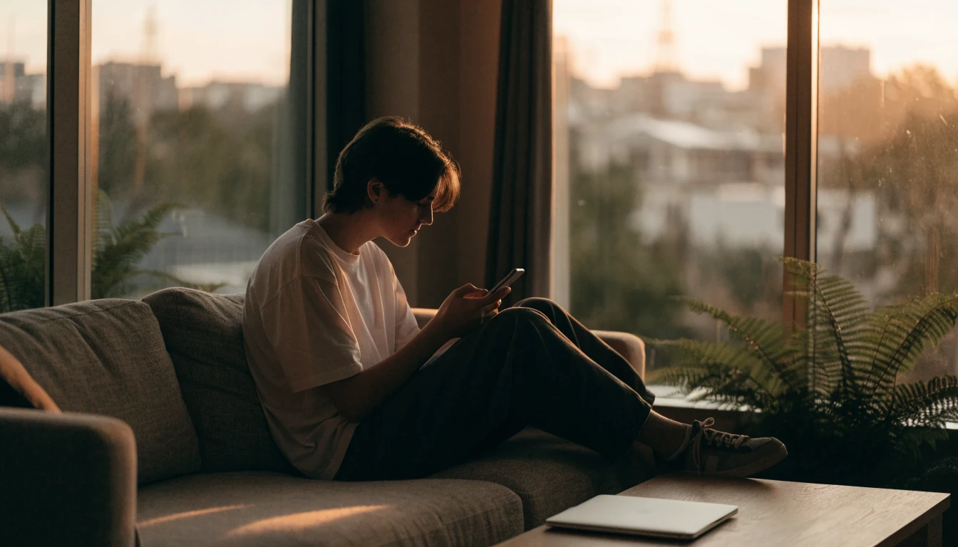 Young adult relaxing with smartphone in modern New Zealand apartment at sunset