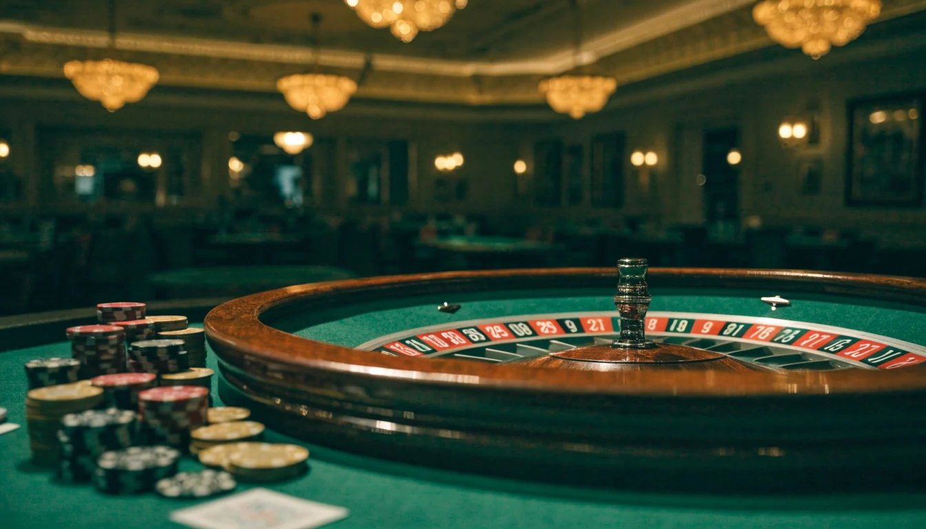 Elegant roulette wheel on a green casino table with stacked chips